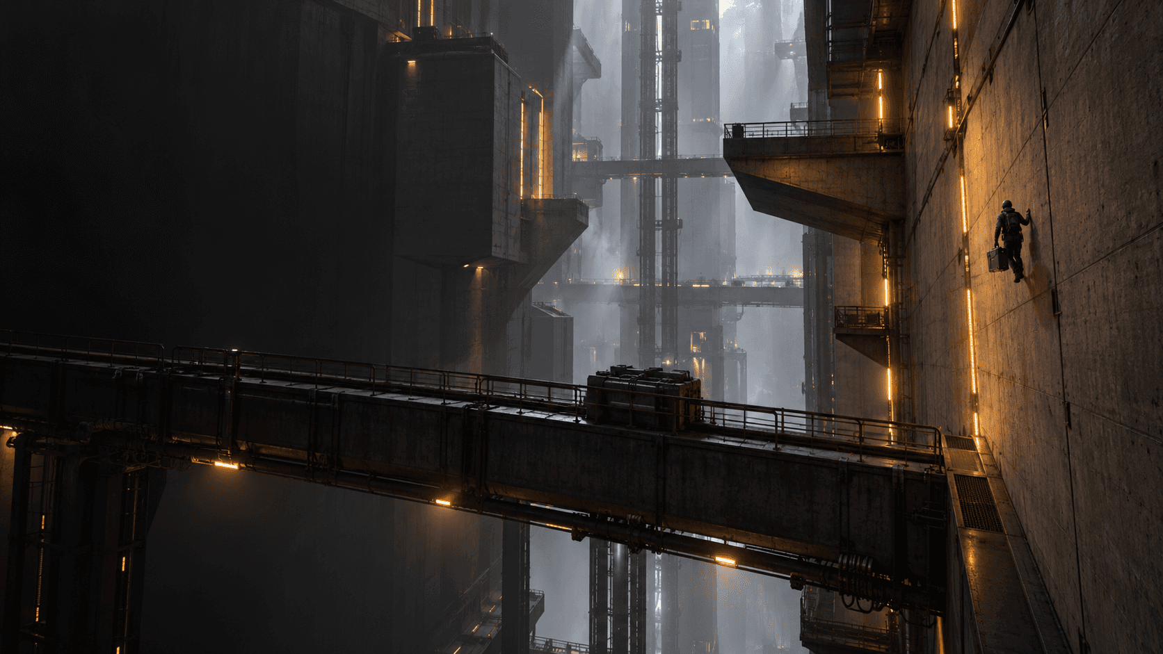 A lone figure carrying a case stands on a sheer concrete wall lit by amber strips, high above a steel bridge in a vast industrial shaft.