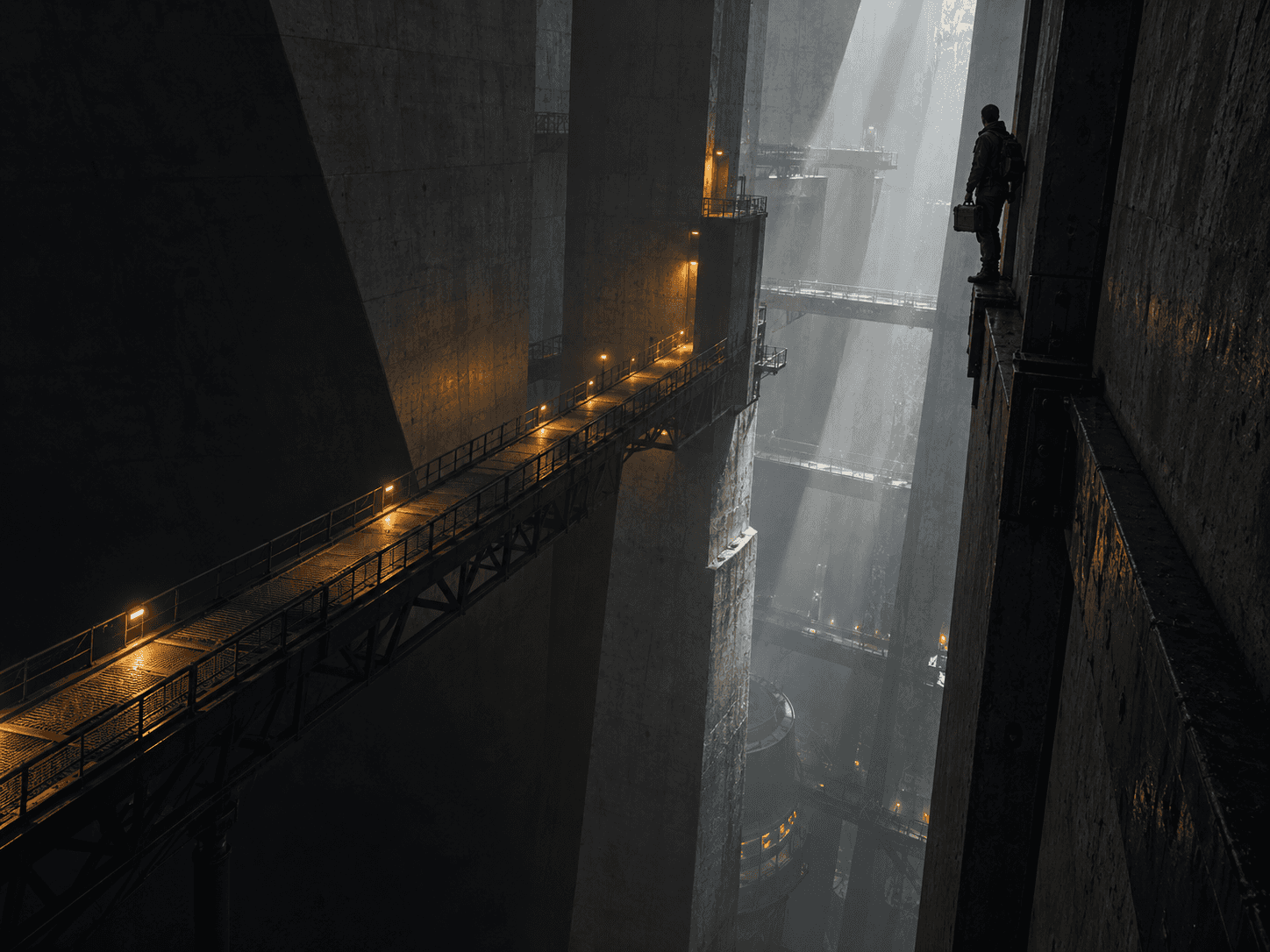 A figure holding a case stands on a narrow ledge above a deep concrete chasm, facing a lit bridge and platforms receding into mist.