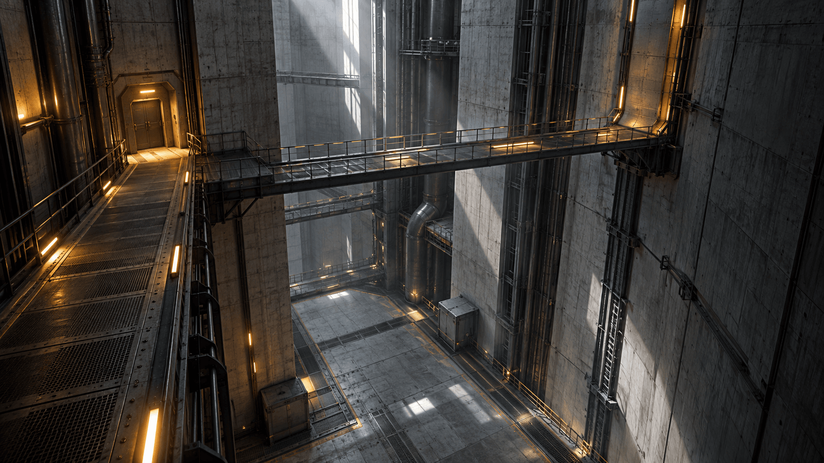 Looking down into a tall concrete hall: a lit walkway leading to a door, a steel gantry crossing overhead, and a floor far below crossed by shafts of light.