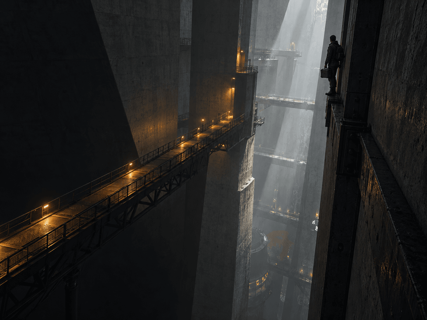 A figure holding a case stands on a narrow ledge above a deep concrete chasm, facing a lit bridge and platforms receding into mist.